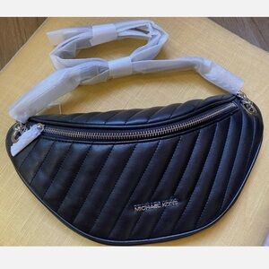 Michael Kors Black Quilted Belt Bag Crossbody with Gold Accents